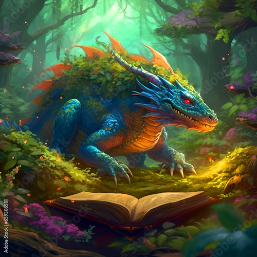3D rendering of a fantasy dragon with a book in the forest © Wazir Design