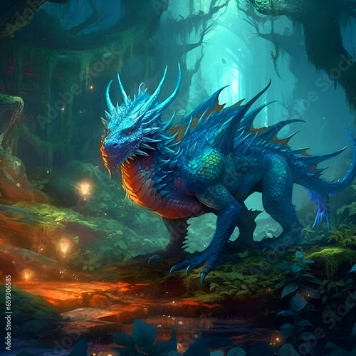 3D rendering of a fantasy dragon in a dark forest with a tree in the background