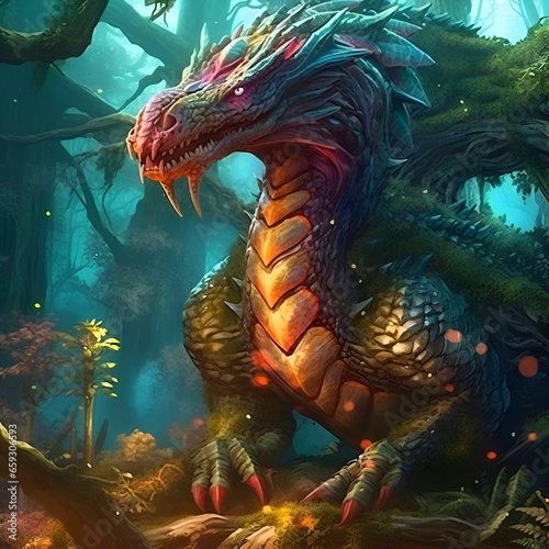 Fantasy dragon in the forest. 3D illustration. Digital painting. © Wazir Design