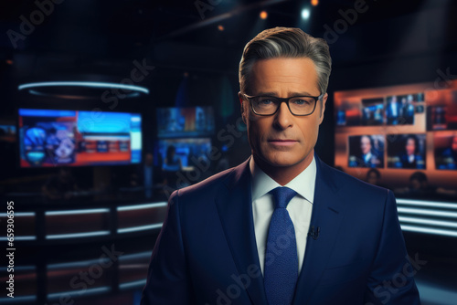 male news presenter broadcasts a program in a TV studio photo