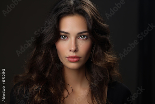 Front view female portrait, young pretty Caucasian brunette woman model with hairstyle looking at camera