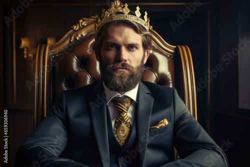 Selfish boss businessman in a crown in the office in a chair photo