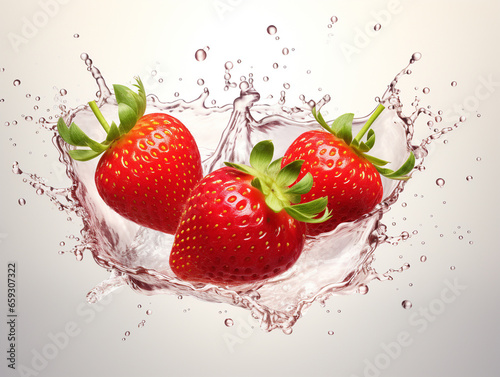 Fresh strawberries in a splash of yogurt and juice is a neutral backdrop.