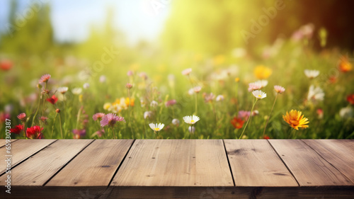 Wildflowers and wooden table background