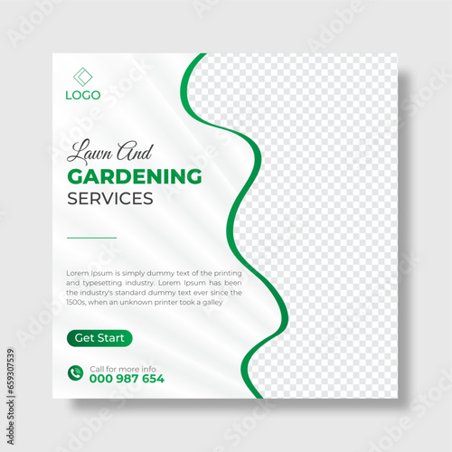Lawn and gardening social media post design vector template.