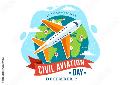 International Civil Aviation Day Vector Illustration on 7 December with Plane and Sky Blue View for Appreciate in Flat Cartoon Background Design