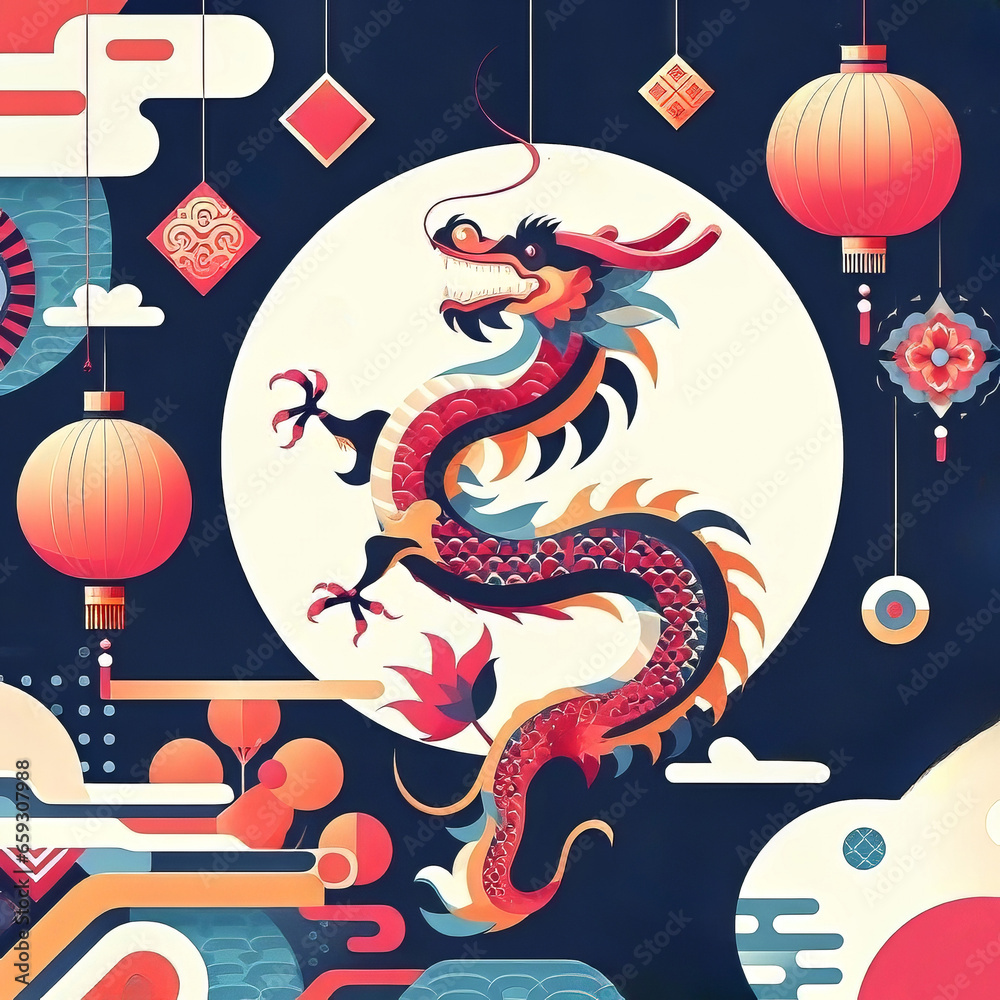 Chinese New Year banner with dragon and lanterns. Generated by AI Chinese New Year banner with dragon and lanterns. Generated by AI