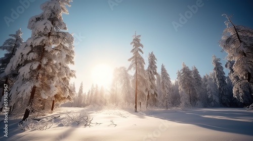 Winter beautiful mountain landscape with trees covered hoarfrost and bright sunlights. © VectorLM