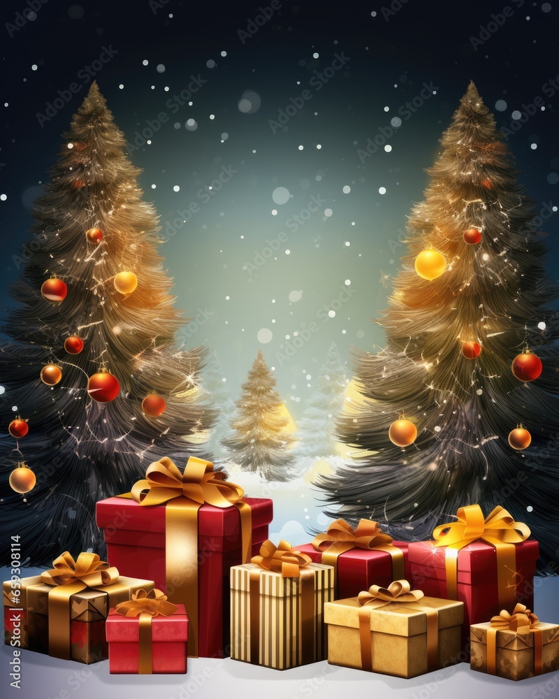 Christmas Scene background with bokeh lights and gift boxes,ai generated