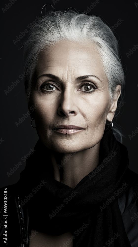 Portrait of a beautiful middle aged woman with white hair close up