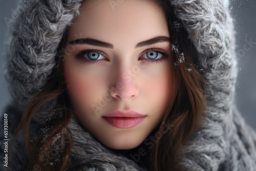 Portrait of a beautiful young winter woman close up