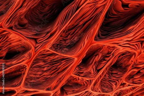 Vivid 3D art depicting relaxed muscle fibers at a microscopic scale. Generative AI