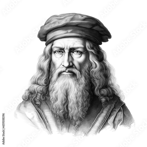 Black and white vintage engraving, headshot portrait of the famous inventor Leonardo da Vinci, facing camera, white background, greyscale - Generative AI photo