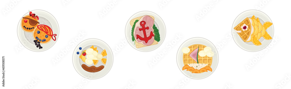 Breakfast Pirate Food for Children and Meal Plating Idea Vector Set Breakfast Pirate Food for Children and Meal Plating Idea Vector Set