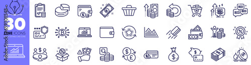 Loyalty points, Credit card and Shop cart line icons pack. Discount, Payment method, Usd currency web icon. Add products, Online statistics, Fraud pictogram. Budget profit, Inspect. Vector