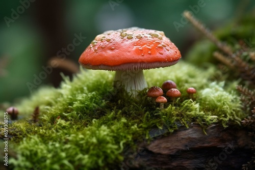 Red mushroom on moss. Generative AI