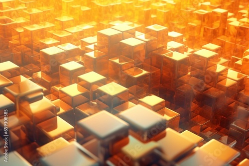 Neatly positioned shiny blocks on a bright backdrop of orange and yellow  with a touch of futuristic technology. A 3D digital representation. Generative AI