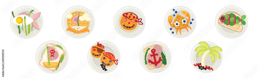 Fototapeta premium Breakfast Pirate Food for Children and Meal Plating Idea Vector Set