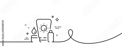 Sunscreen line icon. Continuous one line with curl. Sun cream sign. Sunblock lotion symbol. Sunscreen single outline ribbon. Loop curve pattern. Vector