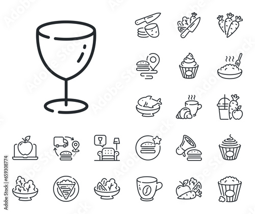 Tableware wineglass sign. Crepe, sweet popcorn and salad outline icons. Glass line icon. Drink crockery kitchenware symbol. Glass line sign. Pasta spaghetti, fresh juice icon. Supply chain. Vector © blankstock