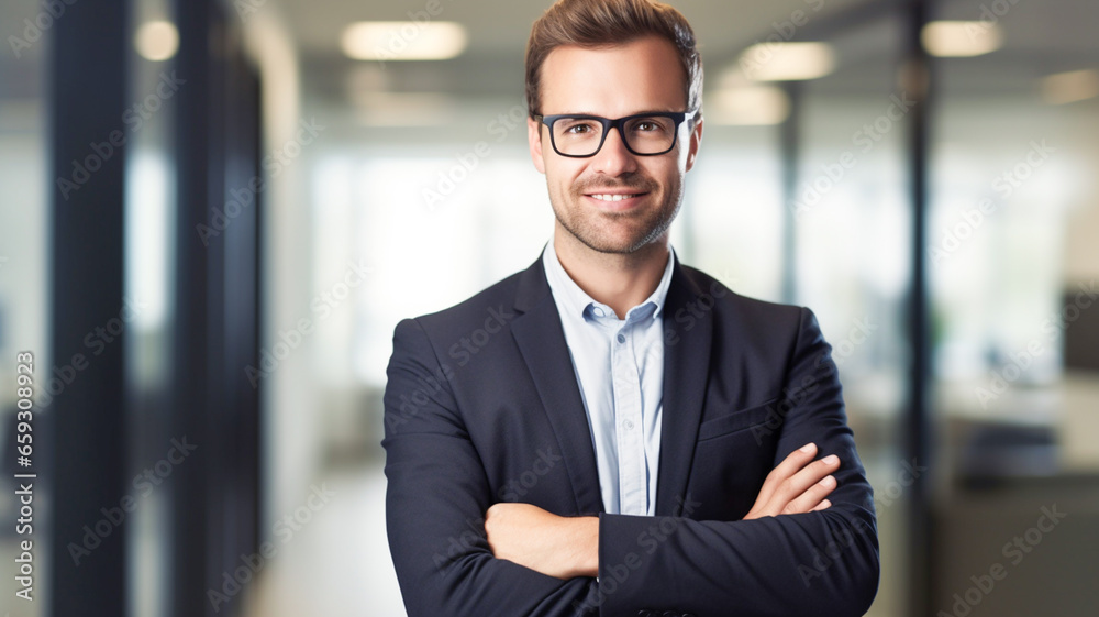 Portrait of handsome smiling young man with folded arms standing at office.
Portrait of handsome smiling young man with folded arms standing at office.