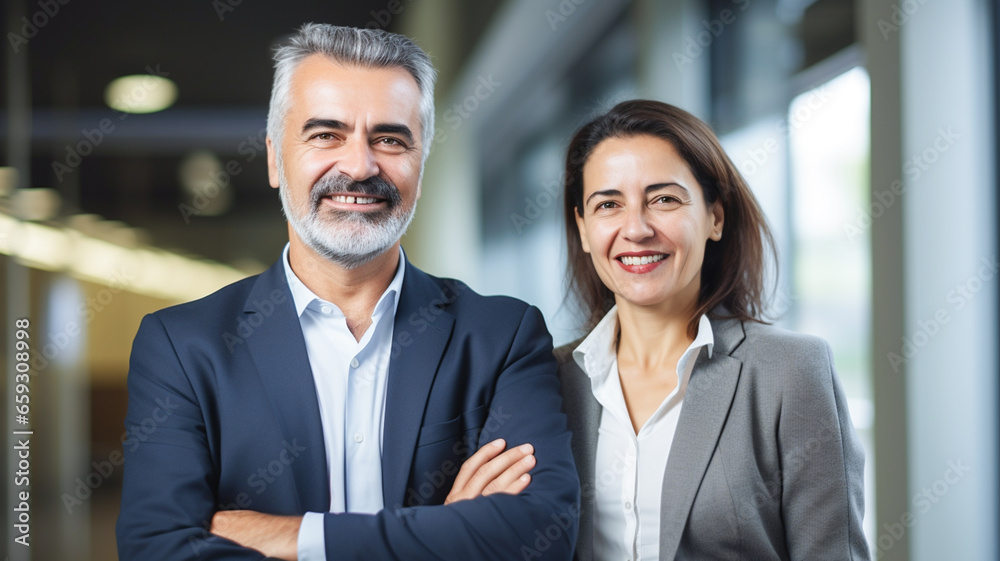 Portrait of smiling mature businessman and mature business woman standing arms crossed in office. Smile, technology and business people or team in collaboration for an online proposal.
Portrait of smiling mature businessman and mature business woman standing arms crossed in office. Smile, technology and business people or team in collaboration for an online proposal.