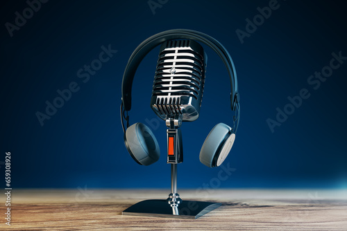 Close up of steel vintage singing vocal microphone on wooden surface and blue background. 3D Rendering.