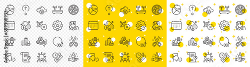 Outline 360 degrees, Prescription drugs and Cogwheel line icons pack for web with Wifi, Qr code, Cut line icon. Report, Swipe up, Thiamine vitamin pictogram icon. Podcast, Calendar. Vector