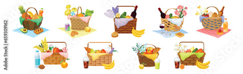 Lunch Hamper or Picnic Wicker Basket with Food Vector Set