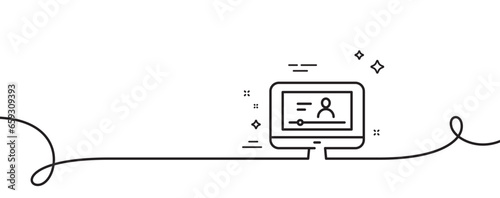 Online Video Education line icon. Continuous one line with curl. Computer with Online lecture sign. Web player symbol. Online video single outline ribbon. Loop curve pattern. Vector