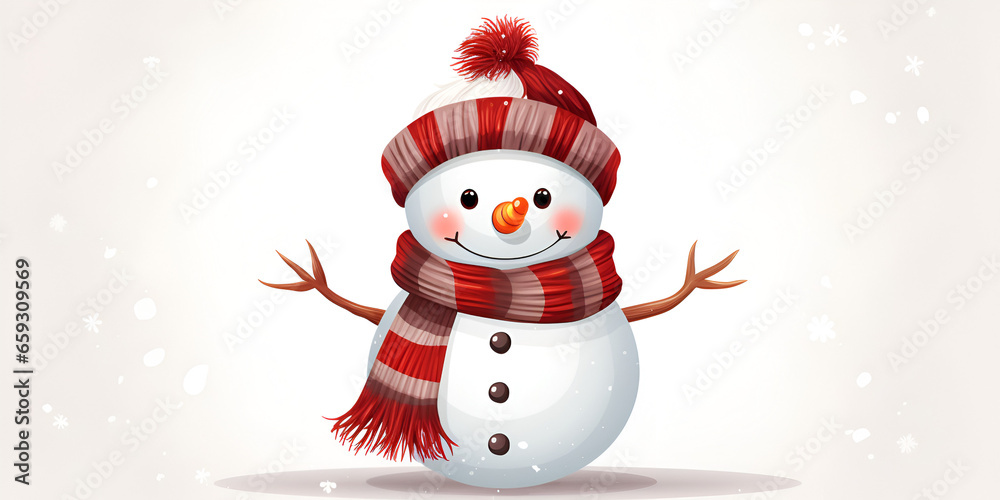 Cartoon Illustration of a cute snowman with red hat and scarf, white background