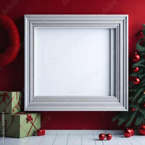 Christmas frame mockup in red interior with christmas tree. 3d render illustration.