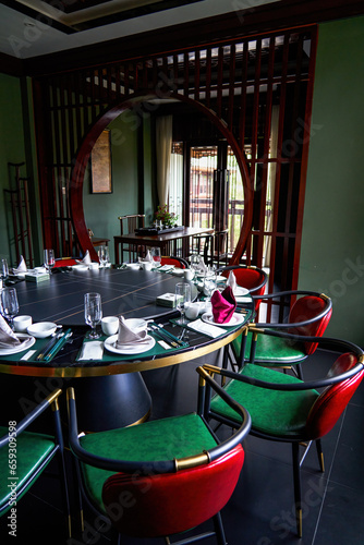 Interior dining room of luxury Chinese restaurant