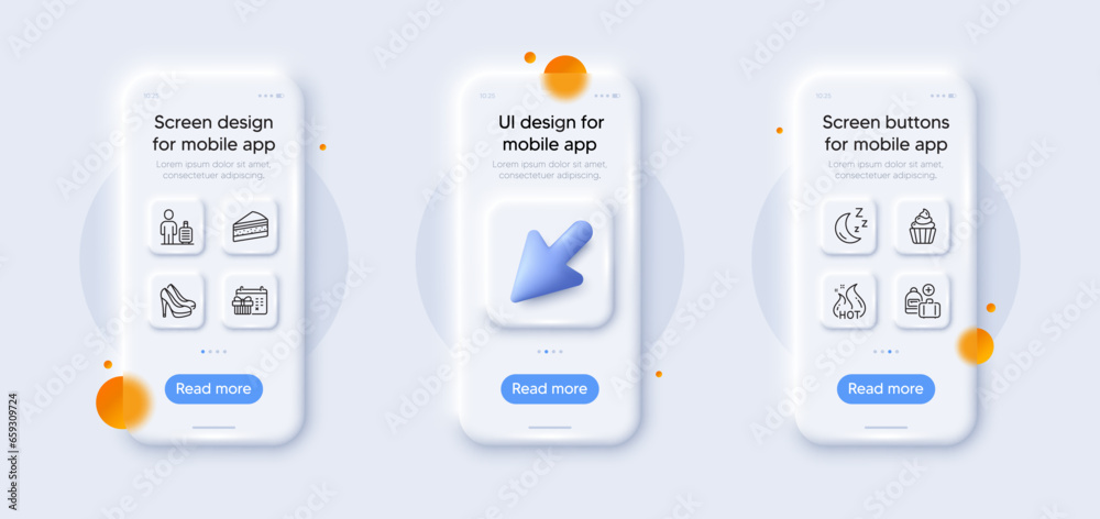 Add handbag, Shoes and Cupcake line icons pack. 3d phone mockups with cursor. Glass smartphone screen. Baggage, Hot sale, Christmas calendar web icon. Cake, Moon pictogram. Vector Add handbag, Shoes and Cupcake line icons pack. 3d phone mockups with cursor. Glass smartphone screen. Baggage, Hot sale, Christmas calendar web icon. Cake, Moon pictogram. Vector