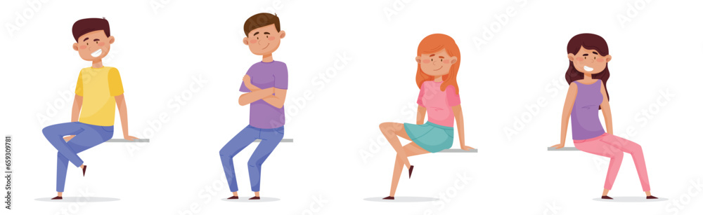 Cheerful People Characters Sitting in Casual Wear Vector Set Cheerful People Characters Sitting in Casual Wear Vector Set