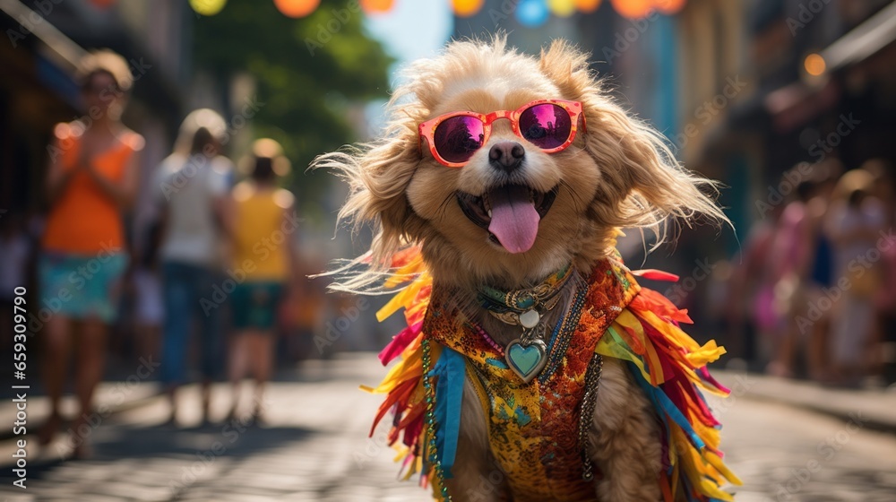 A playful party pup, dressed in vibrant carnival attire and trendy shades, enjoys a city street festivity.
