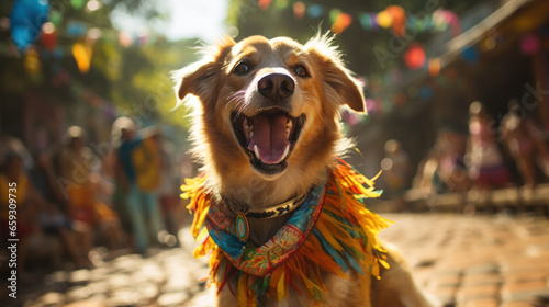 A fun-loving dog, dressed in eye-catching carnival attire, hangs out on a bustling city street amid a lively celebration. photo