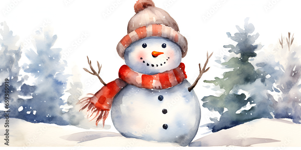 Obraz premium Watercolor Illustration of a cute snow man with red hat and scarf, snow winter background
