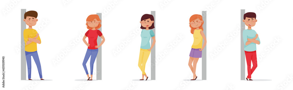 Cheerful People Characters Leaned Against the Wall Vector Set