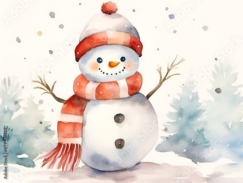 Watercolor Illustration of a cute snow man with red hat and scarf, snow winter background