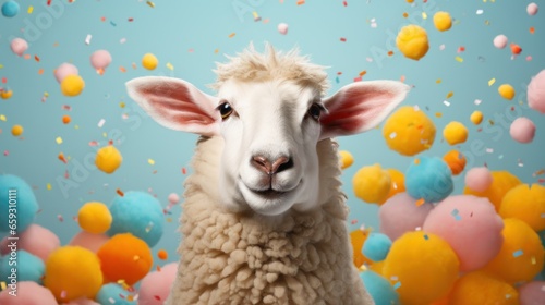 a contented sheep, all set for a birthday gathering, stands against a soothing pastel blue background, while a whimsical downpour of confetti encapsulates the moment.
