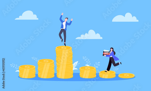 Salary and gender Inequality gap between women and men business concept flat style design vector illustration. Man and woman stand on its level of money incomes. Wealth and poor comparison.