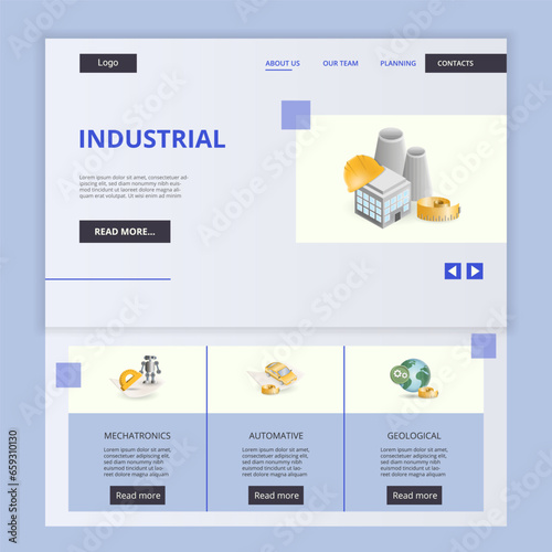 Industrial flat landing page website template. Mechatronics, automative, geological. Web banner with header, content and footer. Vector illustration.