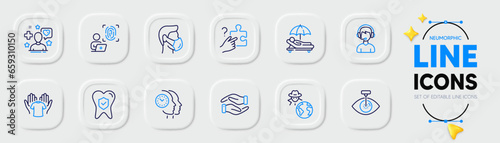 Patient, Search puzzle and Dental insurance line icons for web app. Pack of Sunbed, Computer fingerprint, Hold t-shirt pictogram icons. Consultant, Medical mask, Fraud signs. Vector