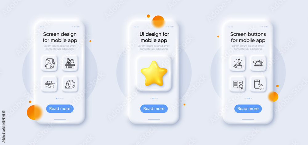 Internet chat, Innovation and Working hours line icons pack. 3d phone mockups with star. Glass smartphone screen. Algorithm, Creativity, Hold smartphone web icon. Vector Internet chat, Innovation and Working hours line icons pack. 3d phone mockups with star. Glass smartphone screen. Algorithm, Creativity, Hold smartphone web icon. Vector