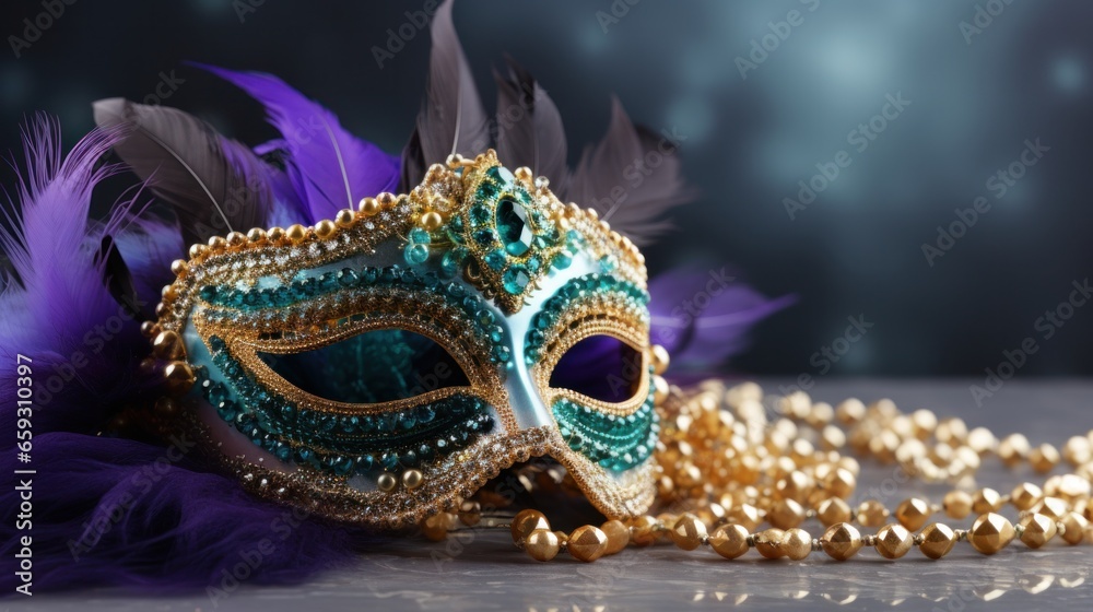Exquisite Venetian carnival masks bring a splash of vivid art to this Mardi Gras banner, leaving space for your message.
