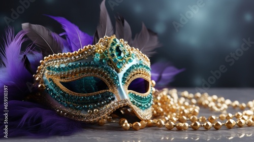 Exquisite Venetian carnival masks bring a splash of vivid art to this Mardi Gras banner, leaving space for your message. 