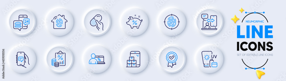 Chat app, Food app and Fingerprint access line icons for web app. Pack of Fingerprint, Capsule pill, Online education pictogram icons. Loan percent, Tax document, Mobile inventory signs. Vector