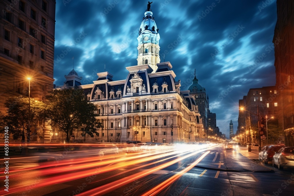 Historic city hall with traffic in Philadelphia, Pennsylvania, USA showcasing a clock tower and tourist architecture. Generative AI