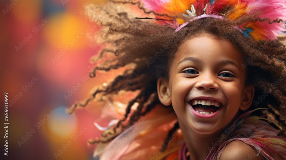 Her striking hair and carnival attire make this young African American girl a captivating subject as she bursts into laughter while posing for a photo.
Her striking hair and carnival attire make this young African American girl a captivating subject as she bursts into laughter while posing for a photo.